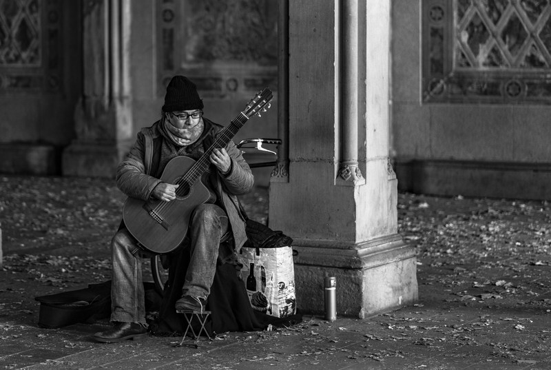 A seated guitarist plays beside a stone pillar and scattered fallen leaves in black and white.